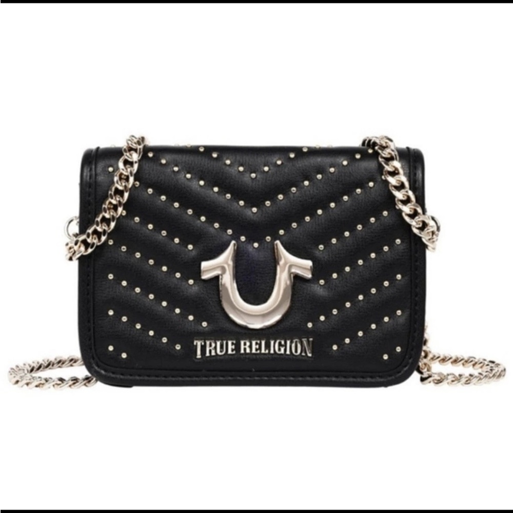 TRUE RELIGION Horseshoe Stud Flap Xbody Saddle Shoulder Bag Detach Chain BLK/SIL